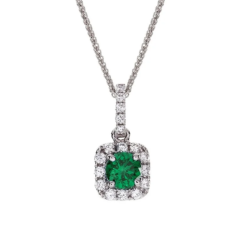 delicate silver necklaces-Emerald & Diamond Cushion Halo Pendant