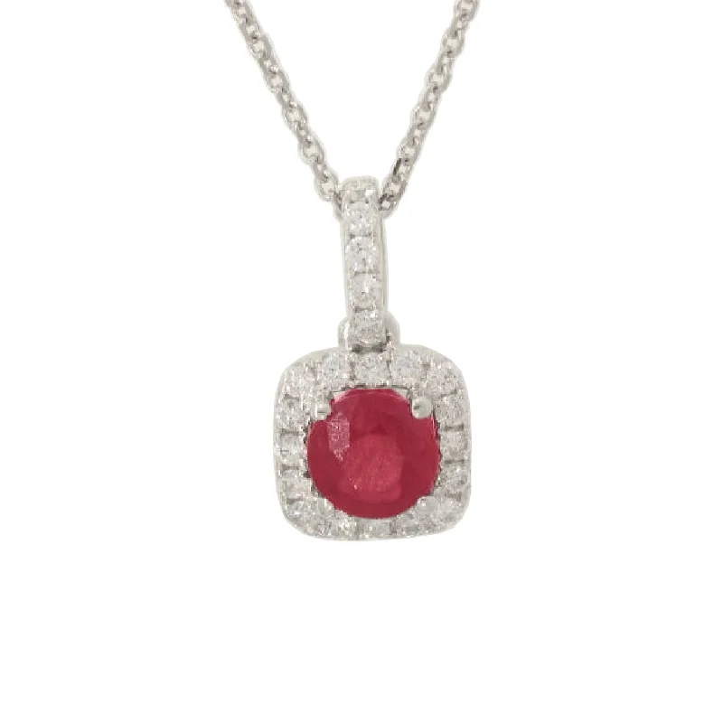 sterling silver pendant necklaces-Ruby & Diamond Cushion Halo Pendant