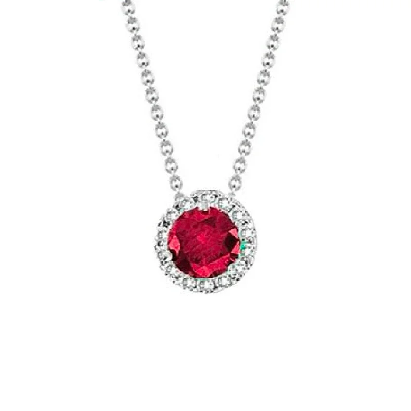 double-layered necklaces-Ruby & Diamond Round Halo Pendant