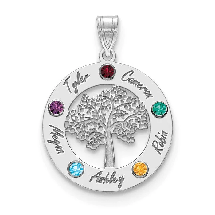 women’s gemstone necklaces-Sterling Silver Tree with Names Mother's Family Birthstone Pendant