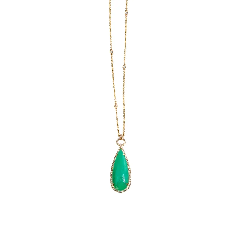 gold necklaces with birthstones-Green Opal Drop Pendant with Diamond Halo