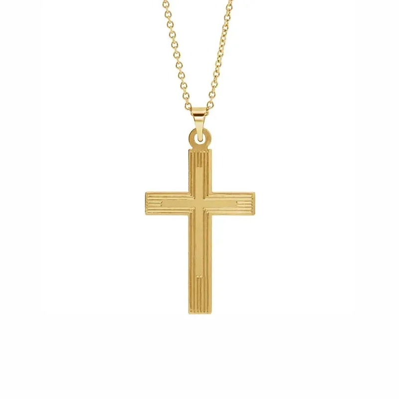 women’s minimalist pendant necklaces-Grooved Cross Pendant in Yellow Gold