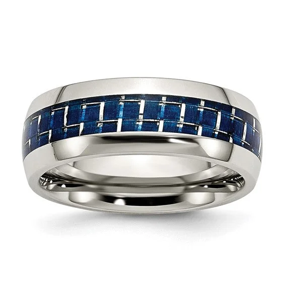 gemstone ring for wedding -Stainless Steel Blue Carbon Fiber Inlay Polished 8mm Band