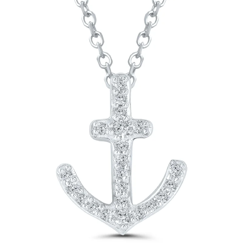 women’s crystal necklaces-Sterling Silver 0.10ctw Round Diamond Anchor Pendant Necklace