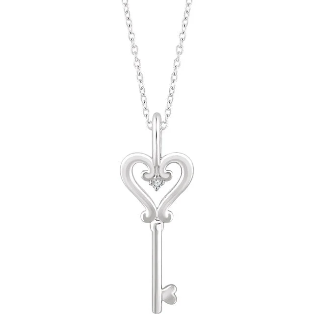 women’s gemstone necklaces-Sterling Silver .006 CT Diamond Heart Key 16-18" Necklace