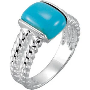 luxury emerald ring for weddings -Sterling Silver 10x8 Cushion Chinese Turquoise Double Rope Design Ring