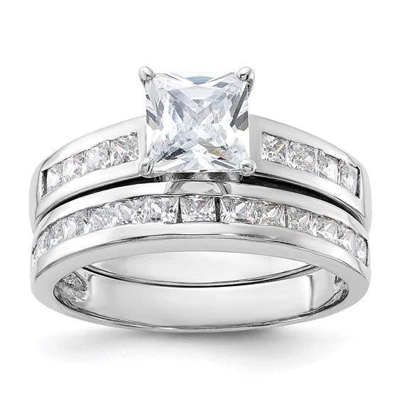 gemstone ring for wedding -Sterling Silver 2-Piece CZ Princess Cut Channel Set Wedding Ring Set