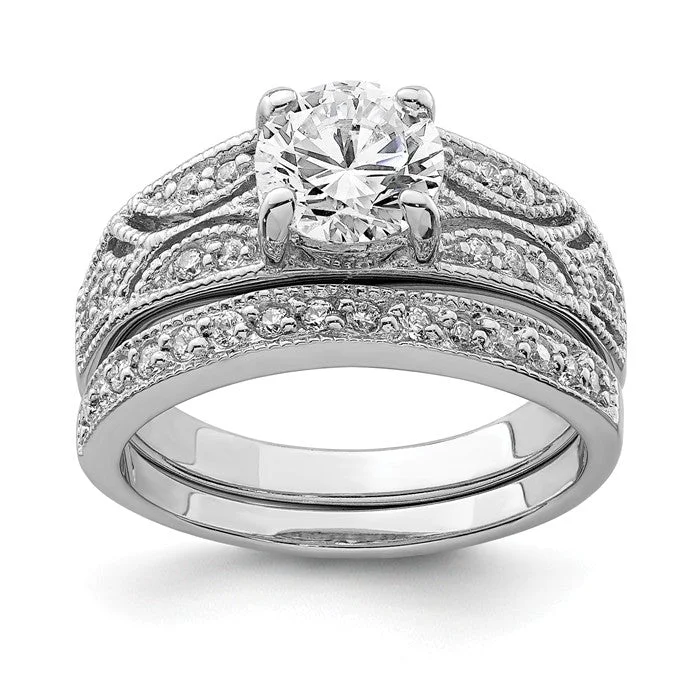 custom engraved ring for gifts -Sterling Silver 2 Piece CZ Round Center Promise Wedding Ring Set