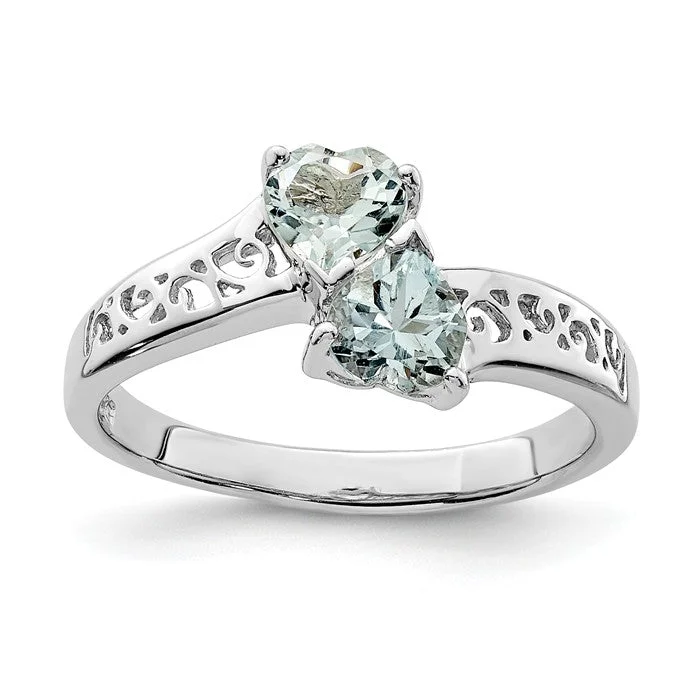 solitaire diamond ring for engagements -Sterling Silver 2-Stone Genuine Heart Gemstone Filigree Rings