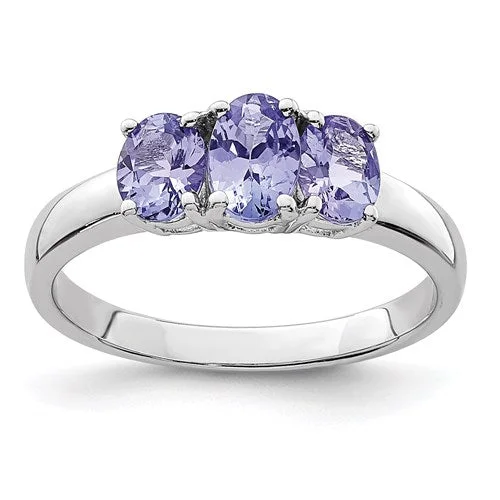 silver statement ring for women -Sterling Silver 3-Stone Oval Tanzanite Ring