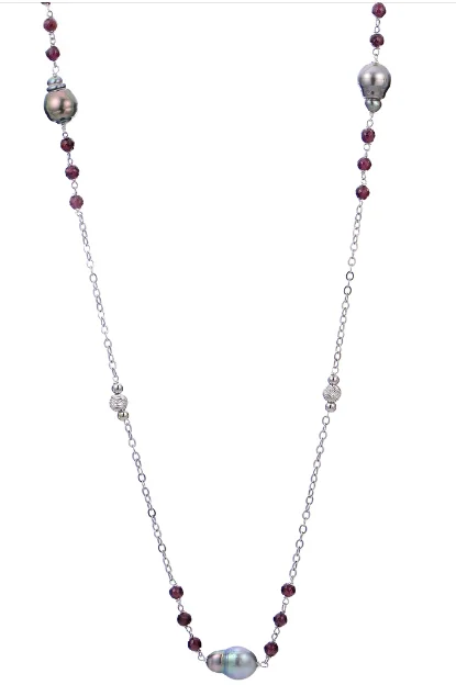 boho style necklaces-Sterling Silver 8-9mm Tahitian Pearl & Garnet Station Necklace