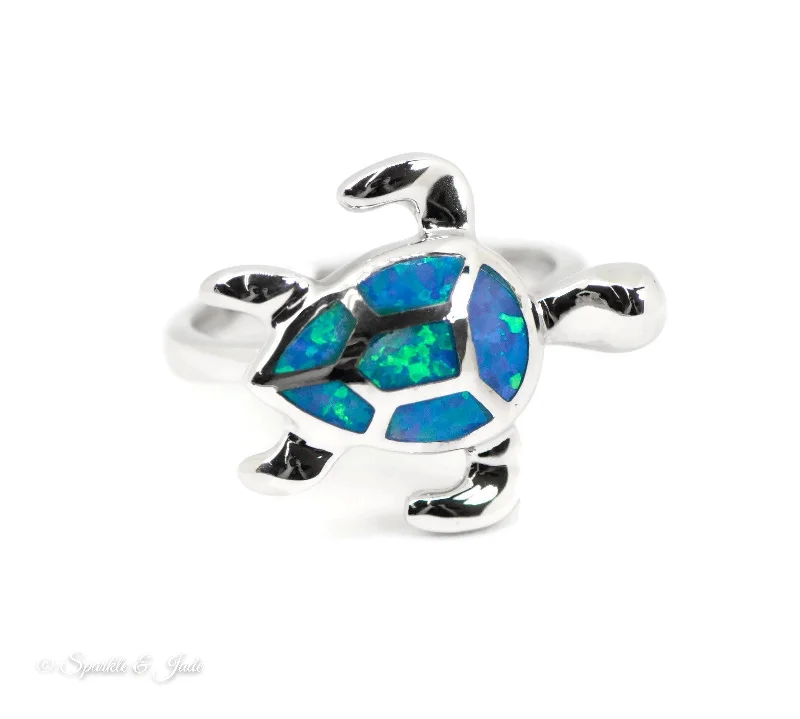 wedding ring set with diamonds for women -Sterling Silver Alamea Hawaii Blue Opal Swimming Sea Turtle Ring