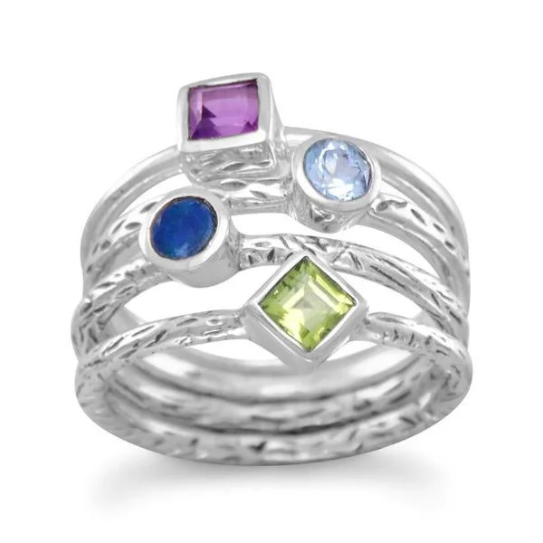 classic wedding band for men -Sterling Silver Amethyst, Blue Topaz, Opal & Peridot Textured 4 Band Ring Set