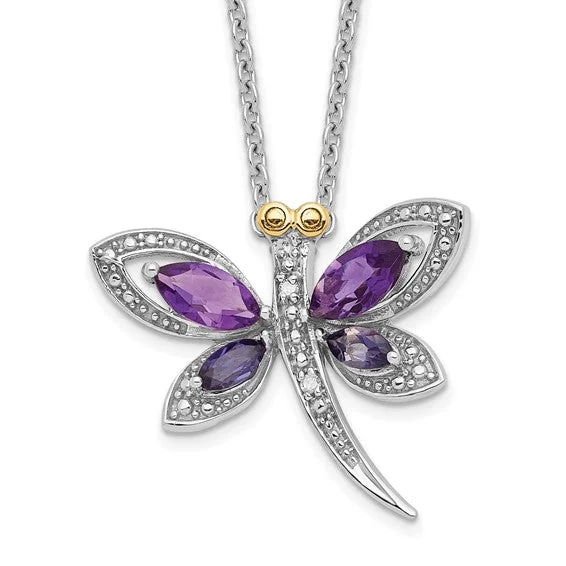 modern necklaces for women-Sterling Silver And 14K Amethyst And Iolite And Diamond Dragonfly Necklace