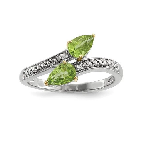 wedding ring set with diamonds for women -Sterling Silver And 14K Gold Double Peridot Pear Diamond ByPass Ring