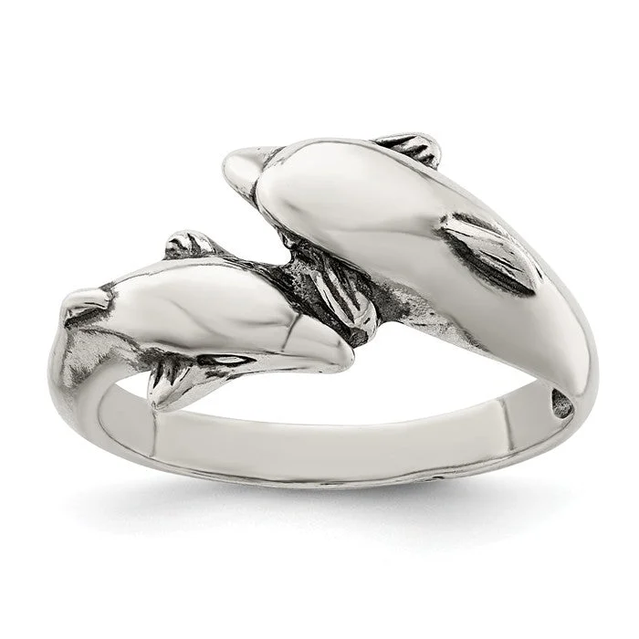 men’s titanium ring for everyday wear -Sterling Silver Antique Finish Double Dolphin Ring