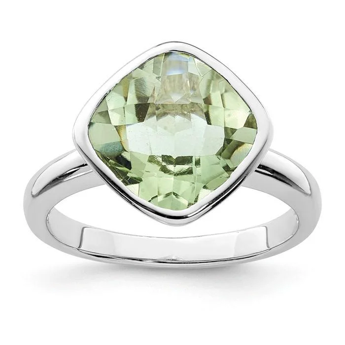 diamond anniversary ring for women -Sterling Silver Bezel Set Cushion Green Quartz Prasiolite Ring