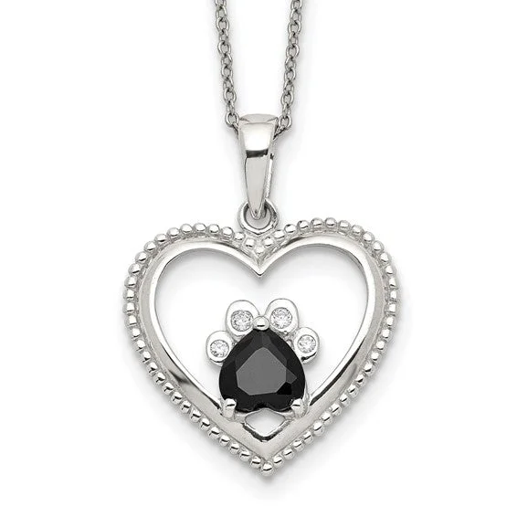 simple gold necklaces-Sterling Silver Black And White CZ Heart With Paw Print Necklace