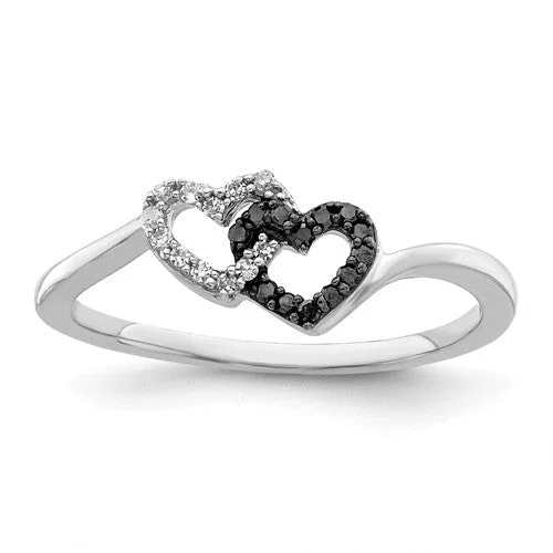 diamond halo ring for engagement -Sterling Silver Black And White Diamond 2 Heart Ring