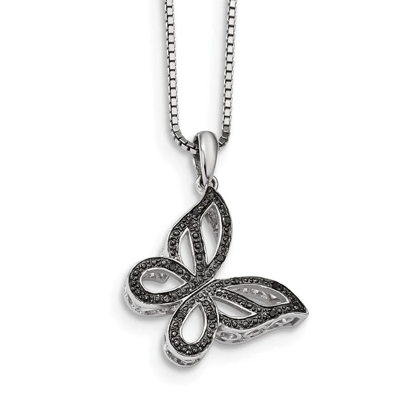 moonstone necklaces-Sterling Silver Black Diamond Butterfly Pendant Necklace