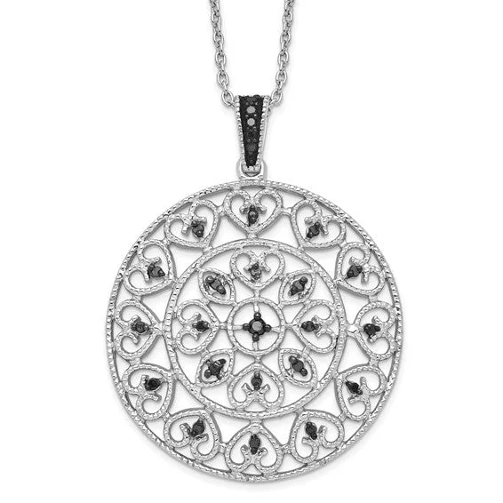 luxury pearl necklaces-Sterling Silver Black Diamond Filigree Circle Pendant Necklace