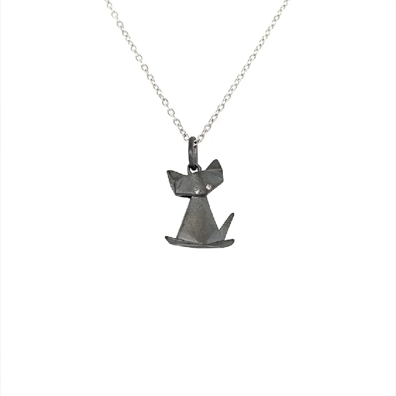 fashion necklaces for women-Sterling Silver Black Diamond Origami Cat Necklace