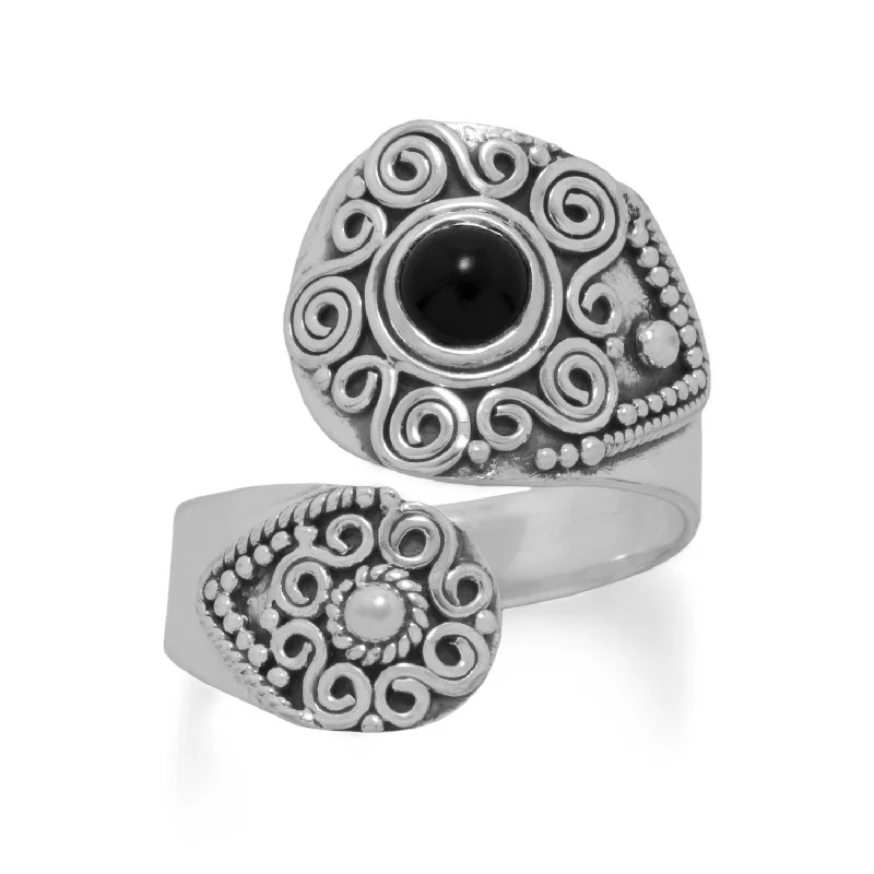 gold anniversary ring for women -Sterling Silver Black Onyx Ornate Wrap Ring