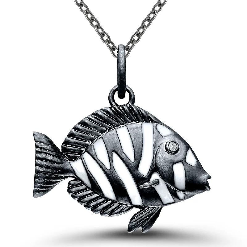 sapphire necklaces for women-Sterling Silver & Black Rhodium Plated Black Diamond Fish Necklace