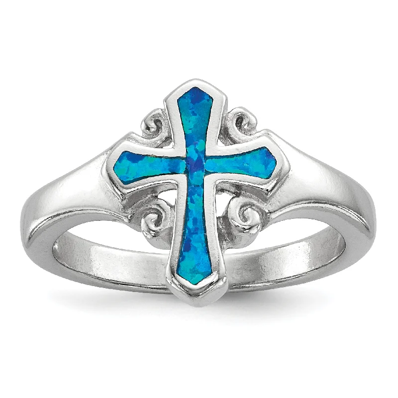 luxury diamond ring for engagements -Sterling Silver Blue Created Opal Inlay Cross Ring