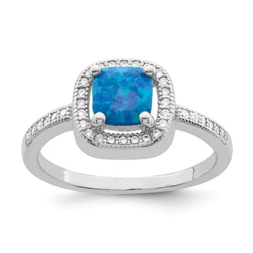 unique engagement rings for women -Sterling Silver Blue Cushion Square Created Opal and CZ Halo Ring