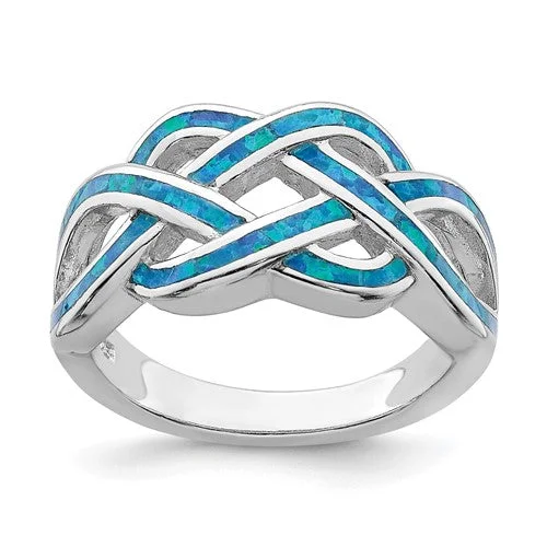 unique engagement rings for women -Sterling Silver Blue Inlay Created Opal Celtic Knot Ring