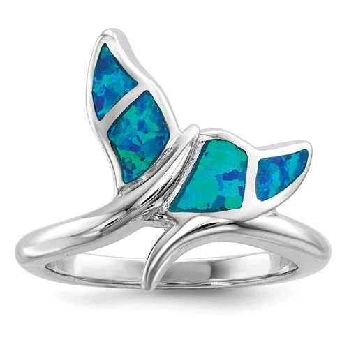 opal ring for women -Sterling Silver Blue Inlay Created Opal Whale Tail Ring