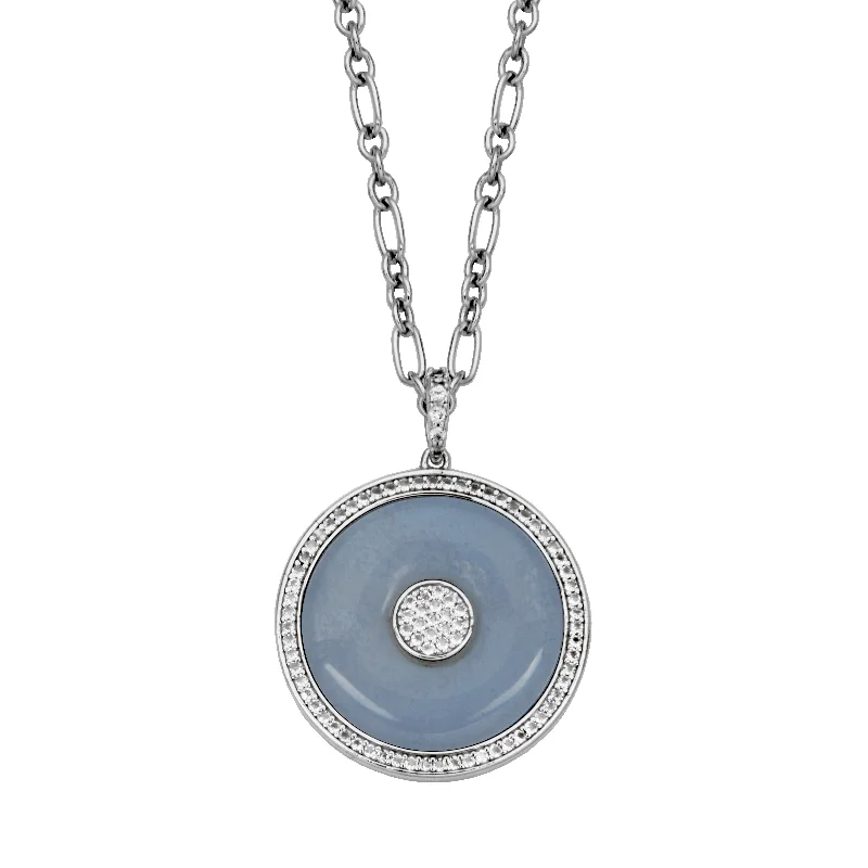 men’s gold necklaces-Sterling Silver Blue Lace Agate and White Topaz Medallion Drop Necklace by Samuel B.