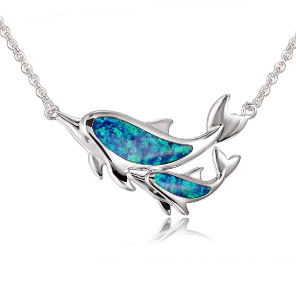 gold pendant necklaces-Sterling Silver Alamea Hawaii Blue Opal Dolphin and Baby Calf Necklace