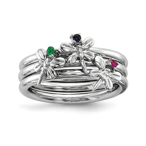 minimalist ring for women -Sterling Silver Blue Sapphire, Ruby and Emerald Dragonfly Set of 3 Rings