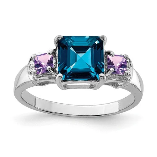 silver statement ring for women -Sterling Silver London Blue Topaz, Amethyst And Diamond Ring