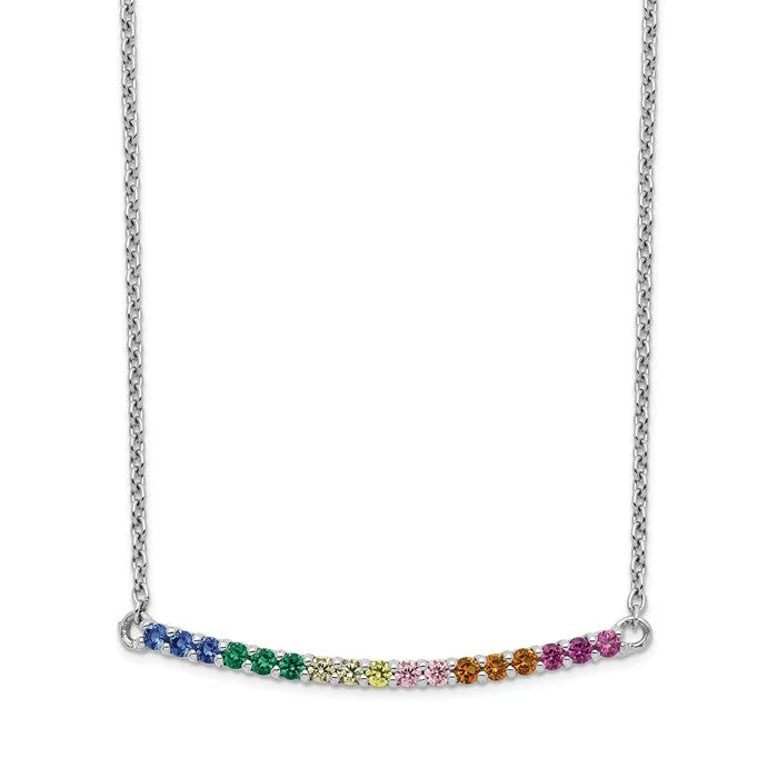 long necklaces for women-Sterling Silver Colorful Rainbow CZ Curved Bar 18" Necklace