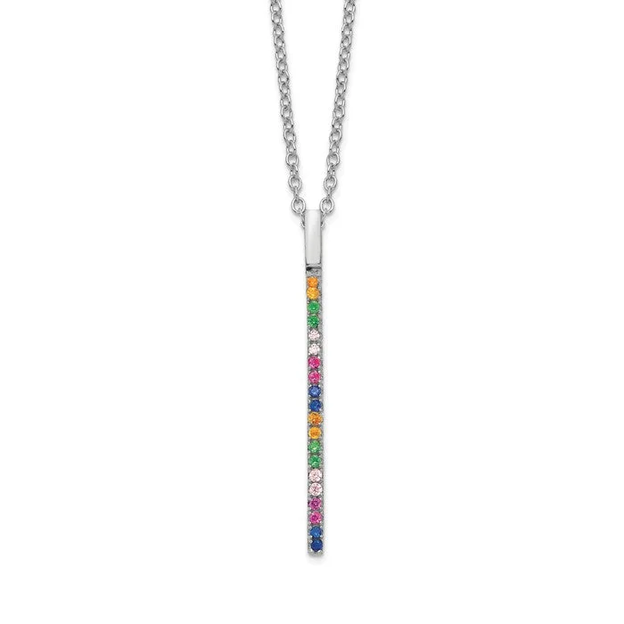 birthstone necklaces for women-Sterling Silver Colorful Rainbow CZ Vertical Bar 16" Necklace