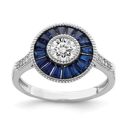 custom birthstone engagement ring for her -Sterling Silver Created Blue Spinel And CZ Halo Ring