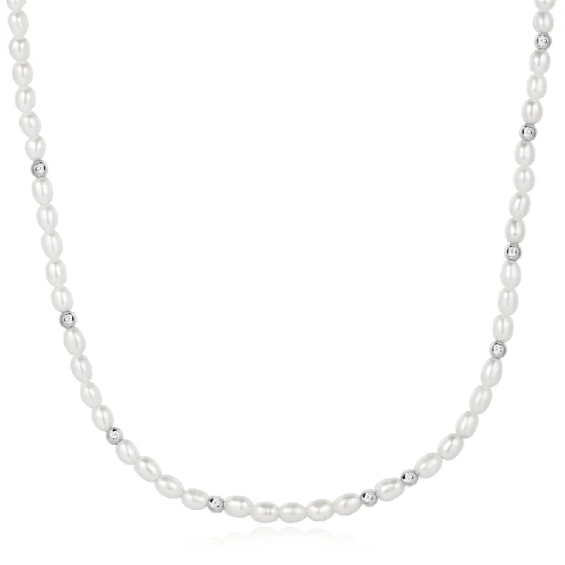 moonstone necklaces-Sterling Silver Cubic Zirconia Bead & Freshwater Pearl Necklace by Ania Haie