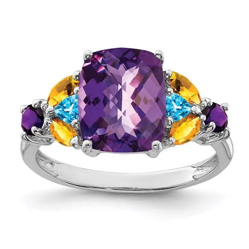 personalized birthstone ring for women -Sterling Silver Cushion Amethyst, Blue Topaz And Citrine Ring