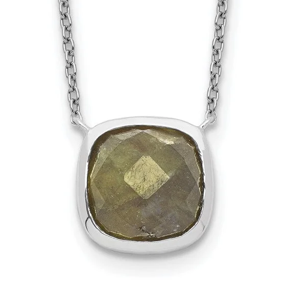 cubic zirconia necklaces-Sterling Silver Cushion Cut Faceted Labradorite 16" Necklace