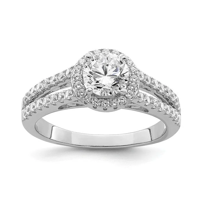 solitaire engagement ring with diamond -Sterling Silver CZ Round Double Shank Halo Ring