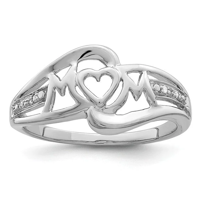 men’s unique wedding band -Sterling Silver Diamond Accented Heart Mom Ring