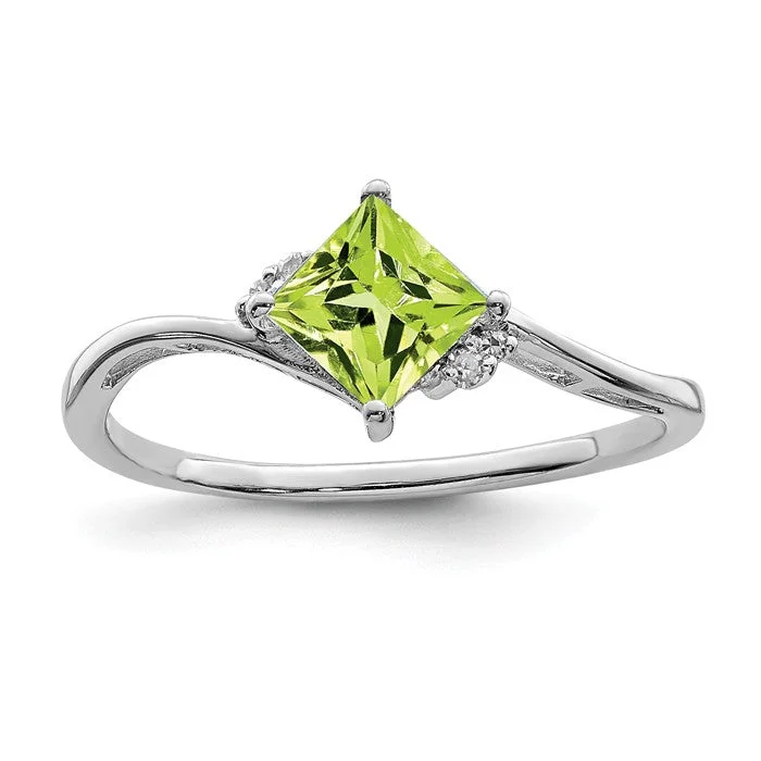 diamond halo ring for engagement -Sterling Silver Diamond And Peridot Square Ring