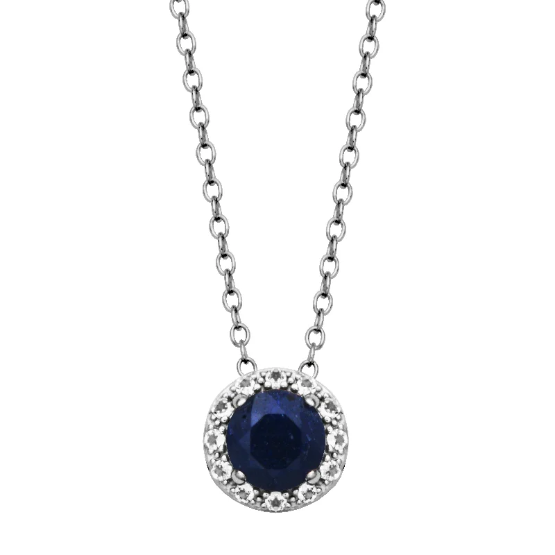 gold chain necklaces for men-Sterling Silver Dyed Blue Sapphire & White Topaz Halo Necklace by Samuel B.