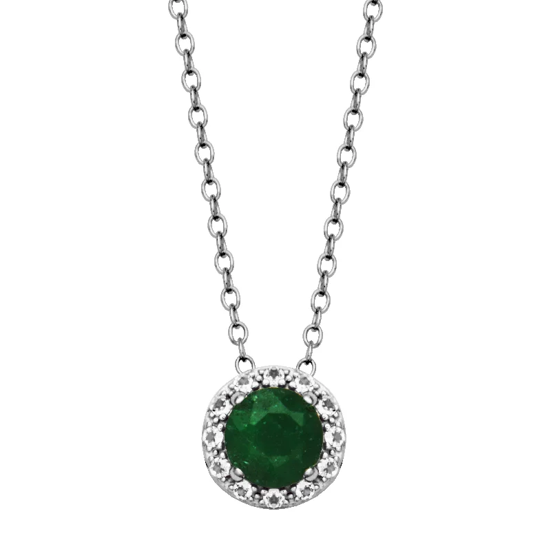 gold chain necklaces for women-Sterling Silver Dyed Green Corundum & White Topaz Halo Necklace by Samuel B.