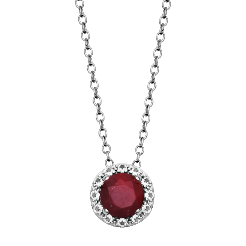 diamond necklaces for women-Sterling Silver Dyed Red Corundum & White Topaz Halo Necklace by Samuel B.