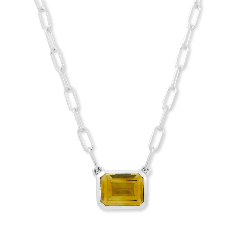 gold necklaces for men-Sterling Silver Emerald Cut Citrine Solitaire Necklace by Samuel B.