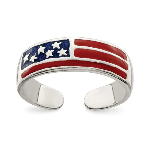 gold ring for men with engraving -Sterling Silver 5mm Wide Enameled American Flag Toe Ring